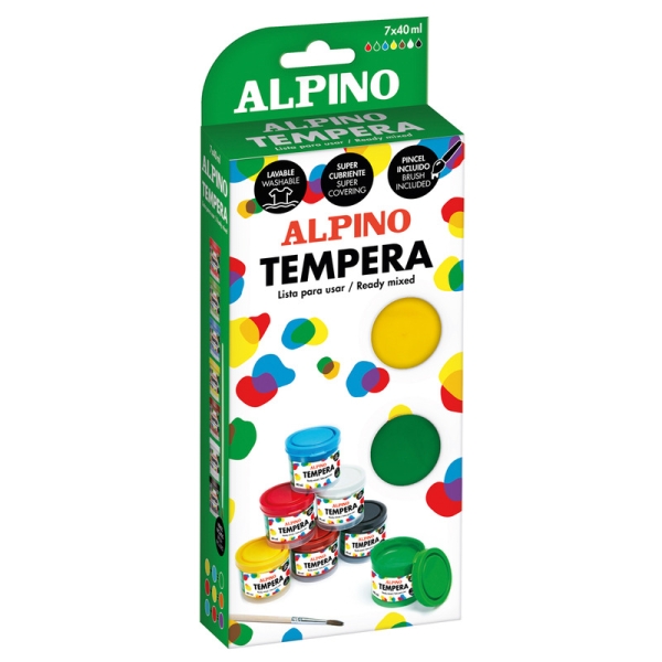 alpino pack con 7 botes de tempera 40ml + pincel supercubriente y lavable colores surtidos