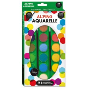 alpino pack de 21 acuarelas + 2 pinceles 28mm de diametro colores surtidos