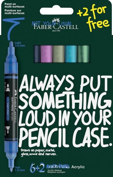 faber castell multimark acrylic tonos frios pack con 8 rotuladores acrilicos doble punta puntas redondas de 1mm y 3mm tinta acrilica a base de agua colores tonos frios surtidos