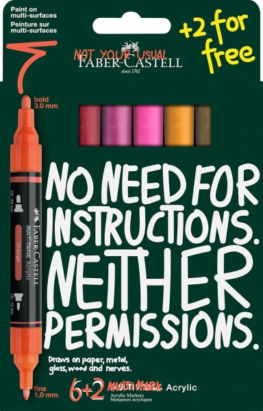 faber castell multimark acrylic tonos calidos pack con 8 rotuladores acrilicos doble punta puntas redondas de 1mm y 3mm tinta acrilica a base de agua colores tonos calidos surtidos