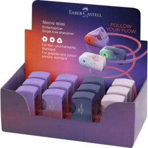 faber castell sleeve mini flow edition expositor con 12 sacapuntas de 1 orificio para tamaño estandar diseño atractivo con degradado de color colores surtidos