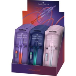 faber castell stream 2026 flow edition expositor con 15 compases escolares de ajuste rapido circunferencias de hasta Ø 340mm incluye bote de minas diseño atractivo con degradado de color colores surtidos