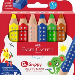 faber castell grippy pack con 6 lapices de colores gruesos mina xxl suave + sacapuntas forma triangular con grip colores surtidos