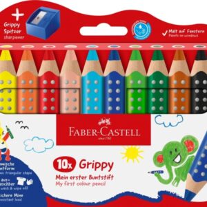 faber castell grippy pack con 10 lapices de colores gruesos mina xxl suave + sacapuntas forma triangular con grip colores surtidos