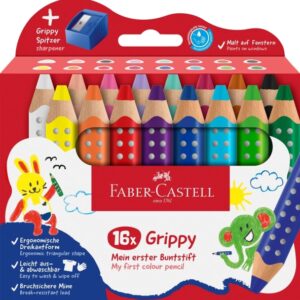 faber castell grippy pack con 16 lapices de colores gruesos mina xxl suave + sacapuntas forma triangular con grip colores surtidos