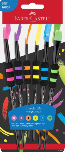 faber castell pack de 6 pinceles sinteticos de diferentes tamaños y colores agarre soft touch color del cuerpo negro