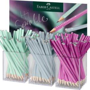 faber castell sparkle aurora expositor con 144 lapices triangulares de grafito b mina resistente a la rotura con cabelilla plateada colores del cuerpo fucsia, azul helado y verde menta