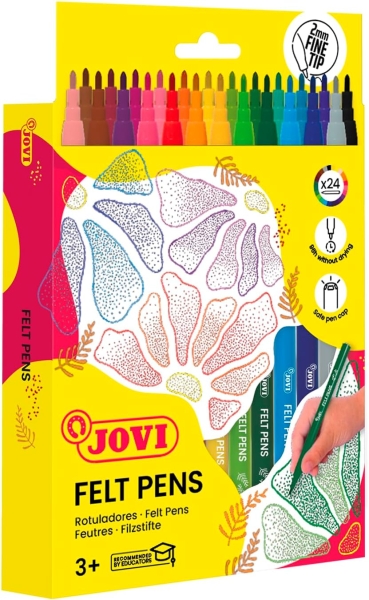 jovi felt pens estuche de 24 rotuladores punta de 2mm amplia variedad de tonos tinta de gran fijacion capuchon de seguridad ventilado colores surtidos