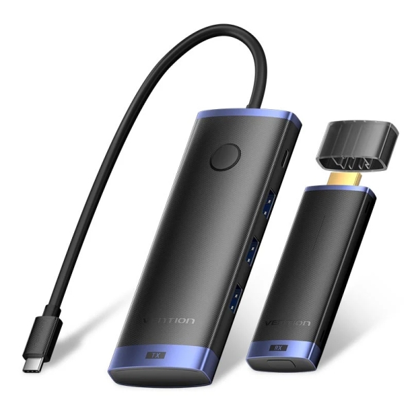 vention estacion de docking 7 en 1 inalambrica hdmi 4k 2xusb c 3xusb a cable usb c de 15cm integrado alcance 50m power delivery color negro y azul