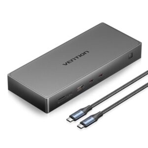 vention estacion de docking 10 en 1 100w cable 0.5m ethernet rj45 hdmi 4k displayport 5xusb c usb a tarjeta tf sd power delivery color gris