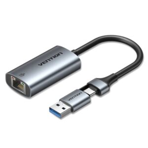 vention conversor usb c a ethernet adaptador usb a cable de 15cm velocidad hasta 1gbps carcasa de aluminio y abs color gris
