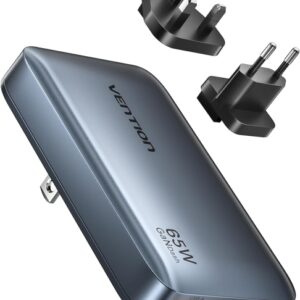 vention cargador de pared ultra slim 65w gan enchufes eu y uk intercambiables 2xusb c usb a carga rapida color gris