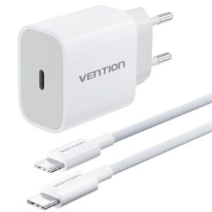 vention cargador de pared 20w cable de 1m incluido chaqueta trenzada de algodon y tpe usb c carga rapida color blanco