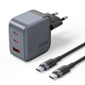 vention cargador de pared 70w gan cable de 1m incluido 2xusb c usb a carga rapida pd tecnologia pps color gris