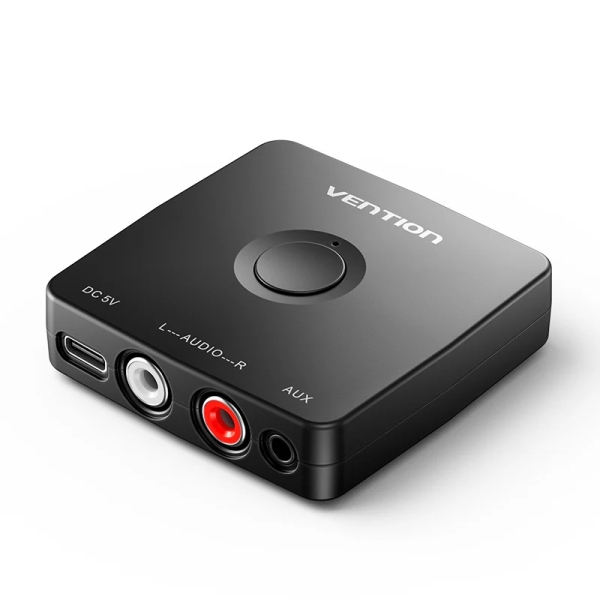 vention adaptador de audio inalambrico carcasa en abs bluetooth 5.1 2xrca jack 3.5mm alcance 10m cable de carga usb c y audio incluidos color negro