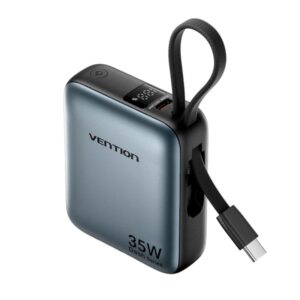 vention mini powerbank de 10000mah potencia de salida hasta 35w cable usb c integrado power delivery tecnologia pps color gris