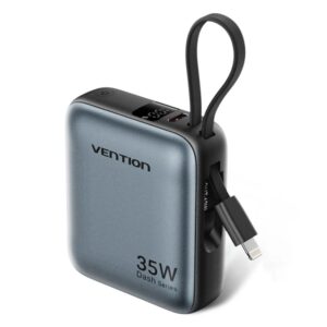 vention mini powerbank de 10000mah potencia de salida hasta 35w cable usb c y lightning integrado pantalla digital color gris