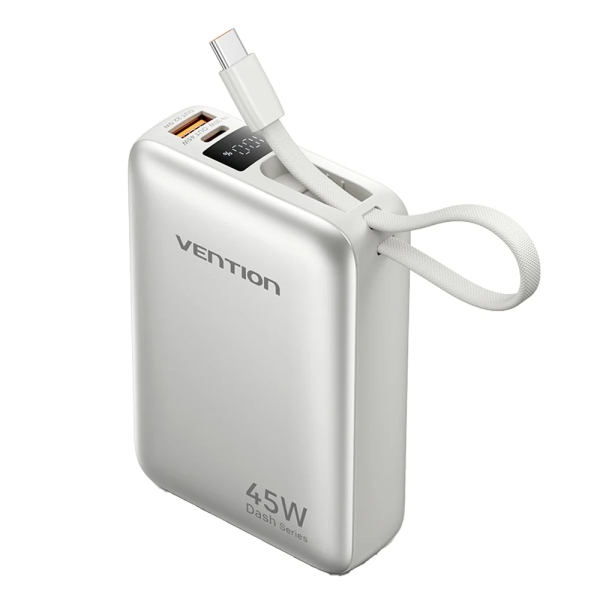 vention mini powerbank de 20000mah potencia de salida hasta 45w cable usb c integrado power delivery usb a color gris