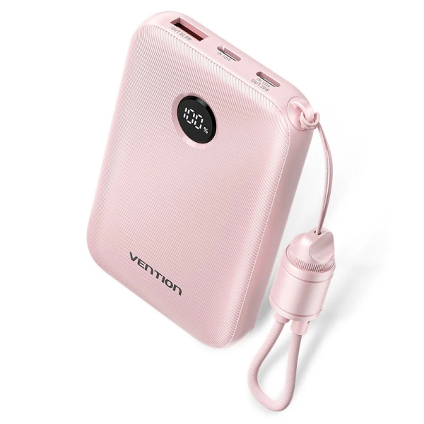 vention powerbank de 10000mah potencia de salida hasta 22.5w usb a usb c pantalla led cable usb c de 17cm apto para viajes aereos color rosa