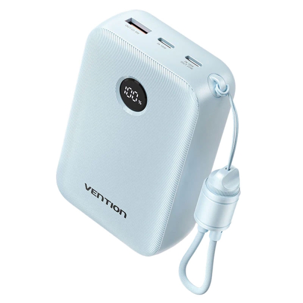 vention powerbank de 20000mah potencia de salida hasta 22.5w usb a usb c pantalla led cable usb c de 17cm apto para viajes aereos color azul