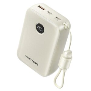 vention powerbank de 20000mah potencia de salida hasta 22.5w usb a usb c pantalla led cable usb c de 17cm apto para viajes aereos color beige