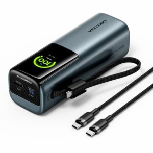 vention powerbank de 20000mah potencia de salida hasta 165w cable usb c integrado power delivery usb a usb c pantalla tft tecnologia pps y ufcs color gris