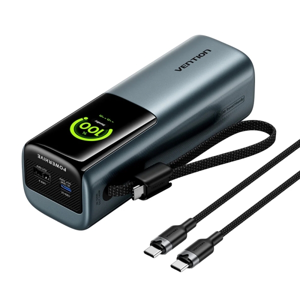 vention powerbank de 27000mah potencia de salida hasta 200w cable usb c integrado power delivery usb a usb c pantalla tft apto para viajes aereos tecnologia pps y ufcs color gris