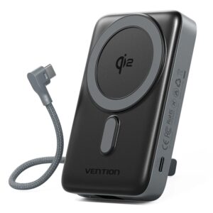 vention powerbank de 10000mah potencia de salida hasta 25w cable usb c integrado entrada y salida usb c carga inalambrica pantalla led color gris