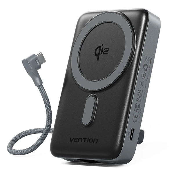 vention powerbank de 10000mah potencia de salida hasta 25w cable usb c integrado entrada y salida usb c carga inalambrica pantalla led color gris