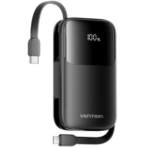 vention powerbank de 10000mah potencia de salida hasta 22.5w cable usb c y lightning integrado usb a pantalla led color negro