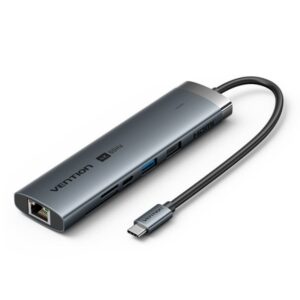 vention estacion de docking 8 en 1 100w cable usb c de 15cm integrado ethernet rj45 hdmi 4k 2xusb c tarjeta tf sd 2xusb a power delivery color gris