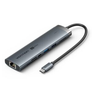 vention estacion de docking 9 en 1 cable usb c de 15cm integrado ethernet rj45 hdmi 4k 2xusb c tarjeta tf sd 2xusb a jack 3.5mm power delivery color gris