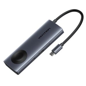 vention estacion de docking 6 en 1 100w cable usb c de 15cm integrado hdmi 4k 2xusb c 2xusb a power delivery cargador inalambrico color gris