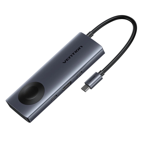 vention estacion de docking 6 en 1 100w cable usb c de 15cm integrado hdmi 4k 2xusb c 2xusb a power delivery cargador inalambrico color gris