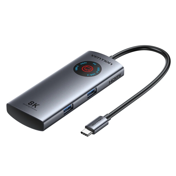 vention estacion de docking 5 en 1 100w cable usb c de 15cm integrado pantalla led 2xusb c 2xusb a hdmi 8k power delivery color gris