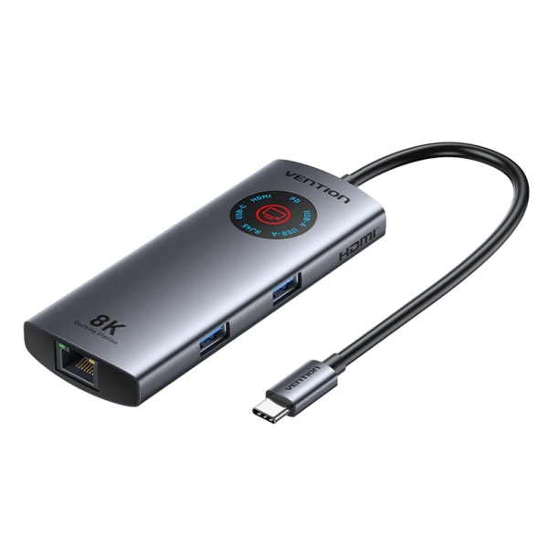 vention estacion de docking 6 en 1 100w cable usb c de 15cm integrado pantalla led ethernet rj45 2xusb c 2xusb a hdmi 8k power delivery color gris