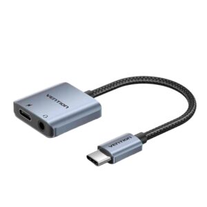 vention adapatador de audio dac usb c macho jack 3.5mm hembra usb c hembra power delivery 60w cable 10cm aluminio color gris