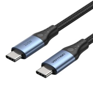 vention cable usb c potencia hasta 240w longitud 0.5m recubrimiento de nailon trenzado velocidad hasta 480mbps chip e marker color negro y azul