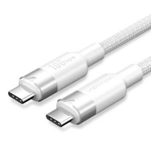 vention cable usb c 3.2 potencia hasta 100w transmision 4k a 60 hz longitud 0.5m recubrimiento de nailon trenzado velocidad hasta 10gbps color blanco