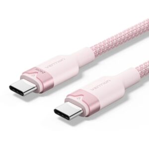 vention cable usb c potencia hasta 240w longitud 2m recubrimiento de nailon trenzado velocidad hasta 480mbps color rosa