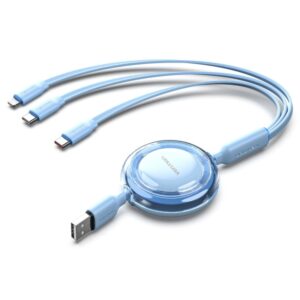 vention cable usb multiple longitud ajustable hasta 1.1m retractil usb a 2xusb c lightning velocidad hasta 480mbps color azul