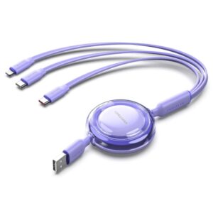 vention cable usb multiple longitud ajustable hasta 1.1m retractil usb a 2xusb c lightning velocidad hasta 480mbps color morado