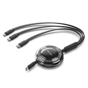 vention cable usb multiple potencia maxima 100w retractil longitud ajustable hasta 1.1m usb a 2xusb c lightning velocidad hasta 480mbps color negro