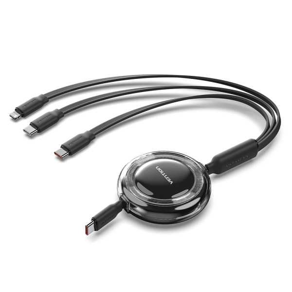 vention cable usb multiple potencia maxima 100w retractil longitud ajustable hasta 1.1m usb a 2xusb c lightning velocidad hasta 480mbps color negro