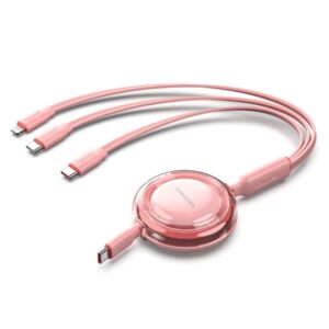 vention cable usb multiple potencia maxima 100w retractil longitud ajustable hasta 1.1m usb a 2xusb c lightning velocidad hasta 480mbps color rosa