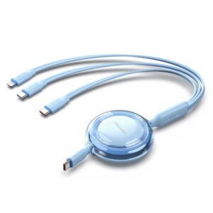 vention cable usb multiple potencia maxima 100w retractil longitud ajustable hasta 1.1m usb a 2xusb c lightning velocidad hasta 480mbps color azul