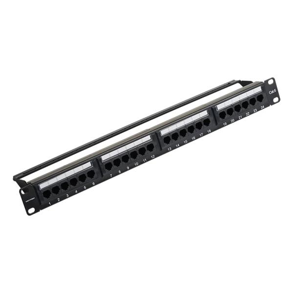 vention patch panel de 24 puertos rj45 cat.6 utp terminales chapados en oro compatible con rack 19" 1u acero y abs 483x44.3x22.7mm color negro