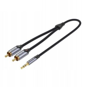 vention cable de audio estereo longitud 5m jack 3.5mm 2xrca conectores chapados en oro chaqueta trenzada de algodon y pvc color gris