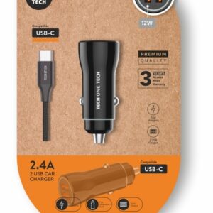 techonetech cargador doble de coche + cable usb a a usb c alto rendimiento color negro