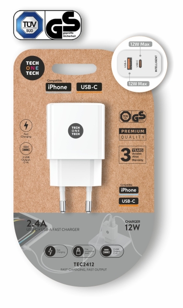 techonetech cargador doble de pared usb a a usb c 12w blanco